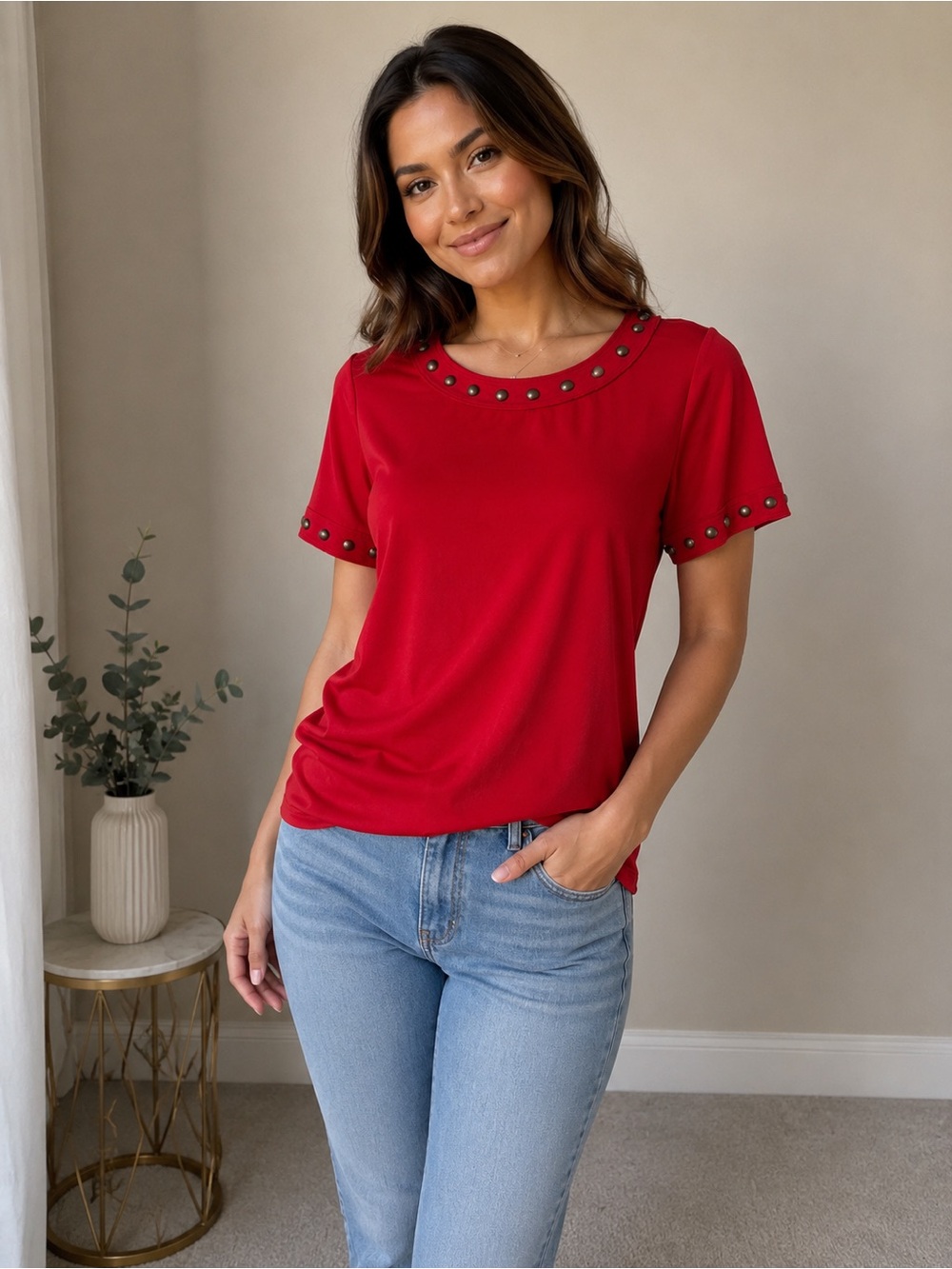 Michael Kors Stud-Trim Red Short Sleeve Top